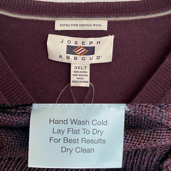 Joseph Abboud Men's Modern Fit V-Neck Merino Wool Sweater Purple Wine 3XLT NEW - Picture 6 of 6